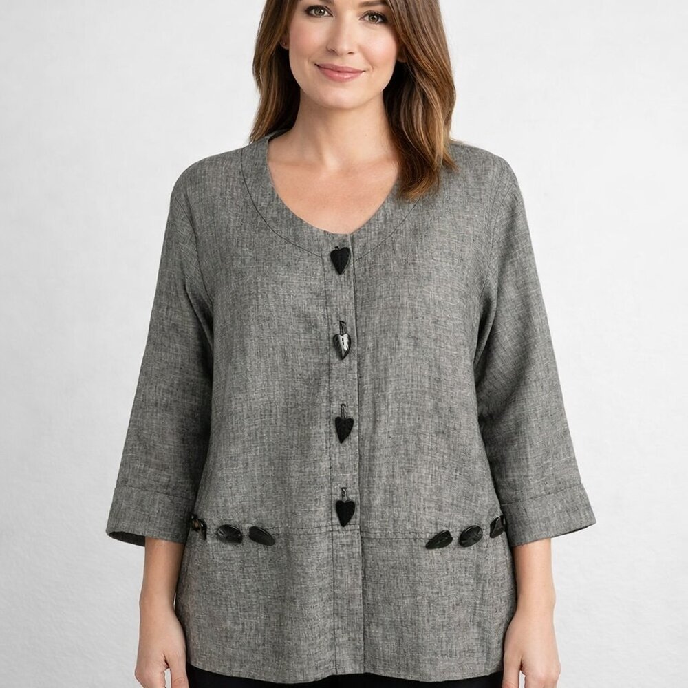 Earth Song Linen Jacket Womens 14 Gray Artisan Heart Buttons Lagenlook Top Boho